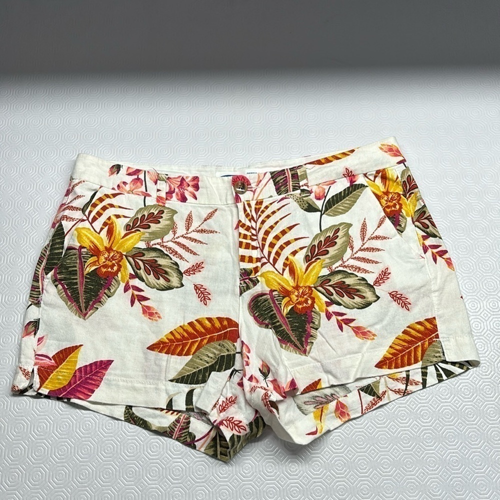Old Navy Everyday Linen Shorts Mid Rise Hawaiian Print Size 12 Winter White